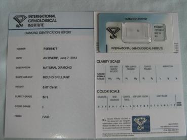 Preview: Diamant im Brillantschliff 0.07 ct / SI1 / I / Fair/ mit IGI Report