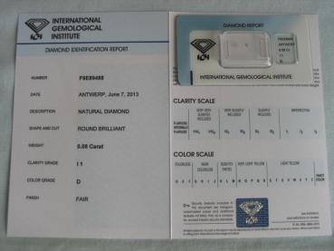 Preview: Diamant im Brillantschliff 0.08 ct / I1 / D / Fair / mit IGI Report
