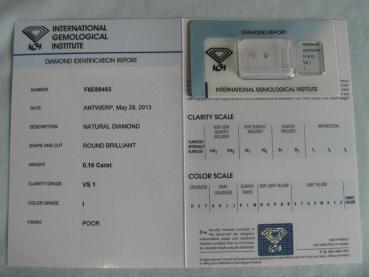 Preview: Diamant im Brillantschliff 0.16 ct / VS1 / I / Poor / mit IGI Report