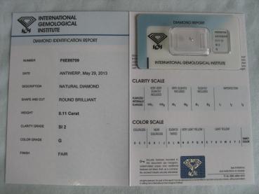 Preview: Diamant im Brillantschliff 0.11 ct / SI2 / G / Fair / mit IGI Report