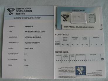 Preview: Diamant im Brillantschliff 0.12 ct / I2 / E / Fair / mit IGI Report