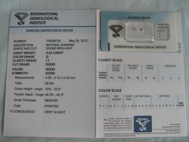 Preview: Diamant im Brillantschliff 0.24 ct / I1/ G / G / G / G / mit IGI Report