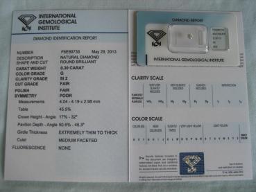 Preview: Diamant im Brillantschliff 0.30 ct / SI2 / G / F / F / P / mit IGI Report
