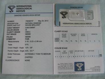 Diamant im Brillantschliff 0.49 ct / VVS2 / G / G / G / F / mit IGI Report
