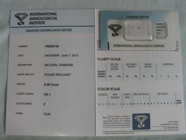 Diamant im Brillantschliff 0.08 ct / VS1 / F / Fair / mit IGI Report