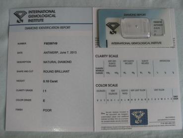 Preview: Diamant im Brillantschliff 0.10 ct / I1 / E / Poor / mit IGI Report