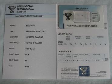 Preview: Diamant im Brillantschliff 0.09 ct / SI1 / G / Fair / mit IGI Report