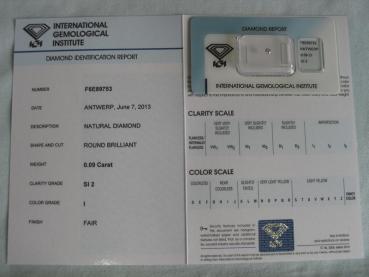 Preview: Diamant im Brillantschliff 0.09 ct / SI2 / I / Fair / mit IGI Report