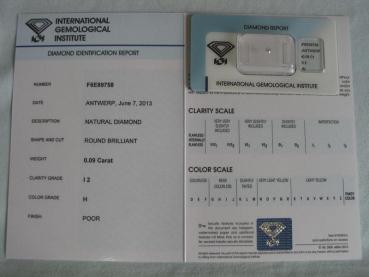 Preview: Diamant im Brillantschliff 0.09 ct / I2 / H / Poor / mit IGI Report