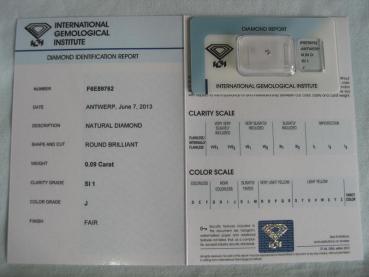 Preview: Diamant im Brillantschliff 0.09 ct / SI1 / J / Fair / mit IGI Report