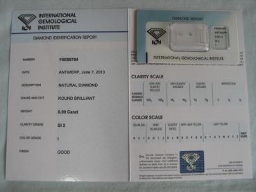 Preview: Diamant im Brillantschliff 0.09 ct / SI2 / I / Good / mit IGI Report