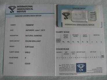 Diamant im Brillantschliff 0.09 ct / VVS2 / F / Good / mit IGI Report