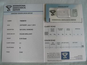 Preview: Diamant im Brillantschliff 0.10 ct / I1 / G / Fair / mit IGI Report