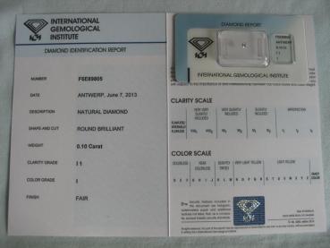 Preview: Diamant im Brillantschliff 0.10 ct / I1 / I / Fair / mit IGI Report