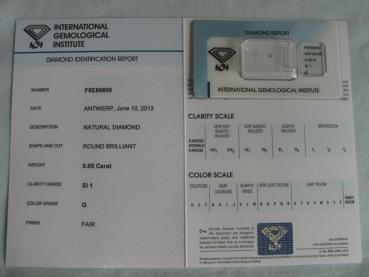 Preview: Diamant im Brillantschliff 0.05 ct / SI1 / G / Fair / mit IGI Report