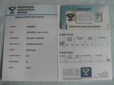 Preview: Diamant im Brillantschliff 0.05 ct / SI1 / G / Fair / mit IGI Report