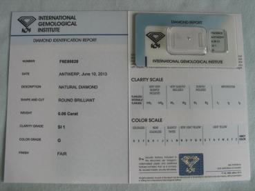 Preview: Diamant im Brillantschliff 0.06 ct / SI1 / G / Fair / mit IGI Report