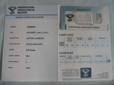 Preview: Diamant im Brillantschliff 0.05 ct / VS1 / I / Fair / mit IGI Report