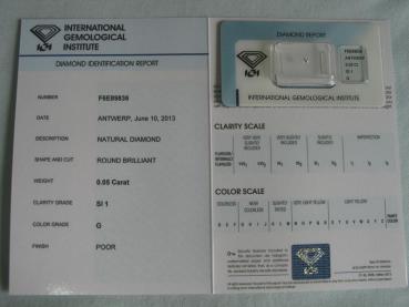 Preview: Diamant im Brillantschliff 0.05 ct / SI1 / G / Poor / mit IGI Report
