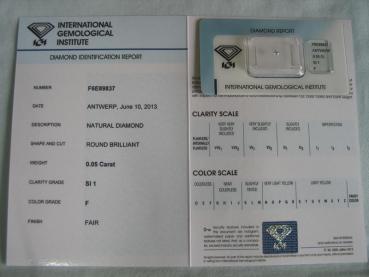 Preview: Diamant im Brillantschliff 0.05 ct / SI1 / F / Fair / mit IGI Report