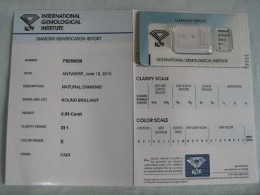 Preview: Diamant im Brillantschliff 0.05 ct / SI1 / E / Fair / mit IGI Report