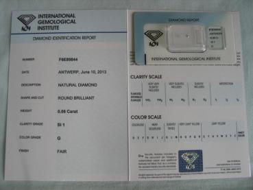 Preview: Diamant im Brillantschliff 0.06 ct / SI1 / G / Fair / mit IGI Report