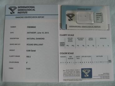 Preview: Diamant im Brillantschliff 0.06 ct / VS2 / F / Fair / mit IGI Report