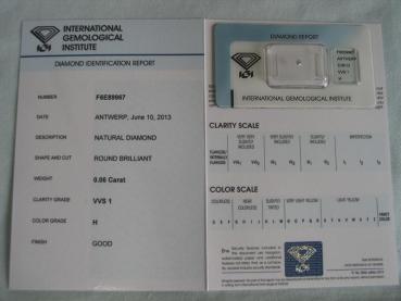 Preview: Diamant im Brillantschliff 0.06 ct / VVS1 / H / Good / mit IGI Report