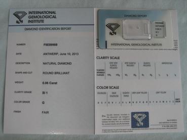 Preview: Diamant im Brillantschliff 0.06 ct / SI1 / G / Fair / mit IGI Report