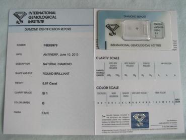 Preview: Diamant im Brillantschliff 0.07 ct / SI1 / G / Fair / mit IGI Report