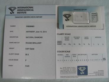 Preview: Diamant im Brillantschliff 0.07 ct / SI2 / F / Fair / mit IGI Report