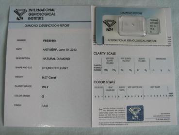 Preview: Diamant im Brillantschliff 0.07 ct / VS2 / G / Fair / mit IGI Report