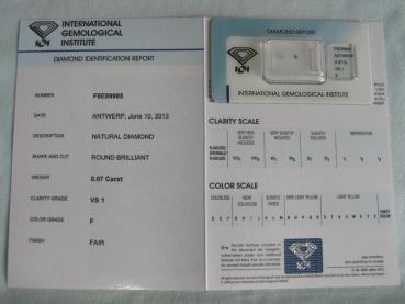 Preview: Diamant im Brillantschliff 0.07 ct / VS1 / F / Fair / mit IGI Report