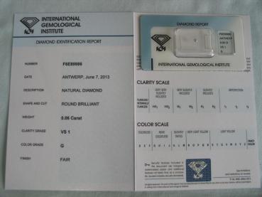 Preview: Diamant im Brillantschliff 0.06 ct / VS1 / G / Fair / mit IGI Report