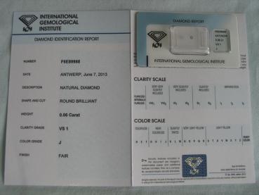 Preview: Diamant im Brillantschliff 0.06 ct / VS1 / J / Fair / mit IGI Report