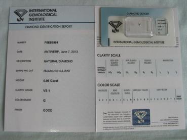 Preview: Diamant im Brillantschliff 0.06 ct / VS1 / G / Good / mit IGI Report