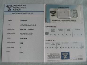 Preview: Diamant im Brillantschliff 0.06 ct / VS2 / G / Fair / mit IGI Report