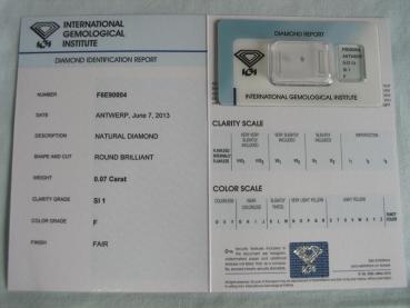 Preview: Diamant im Brillantschliff 0.07 ct / SI1 / F / Fair / mit IGI Report