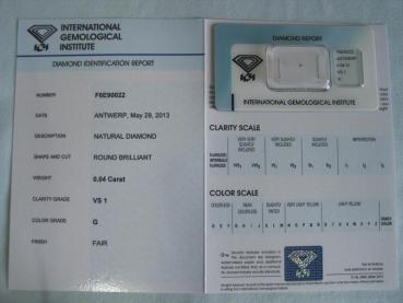 Preview: Diamant im Brillantschliff 0.04 ct / VS1 / G / Fair / mit IGI Report