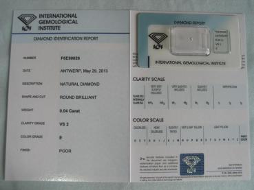 Preview: Diamant im Brillantschliff 0.04 ct / VS2 / E / Poor / mit IGI Report