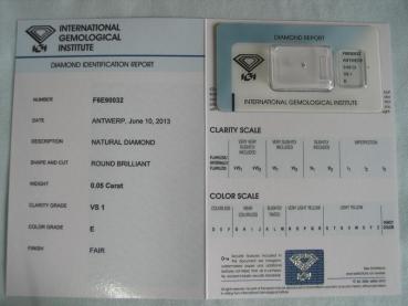Preview: Diamant im Brillantschliff 0.05 ct / VS1 / E / Fair / mit IGI Report