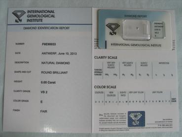 Preview: Diamant im Brillantschliff 0.05 ct / VS2 / E / Fair / mit IGI Report