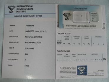 Preview: Diamant im Brillantschliff 0.05 ct / SI1 / F / Fair / mit IGI Report