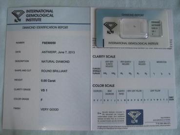 Preview: Diamant im Brillantschliff 0.05 ct / VS1 / F / Very Good / mit IGI Report