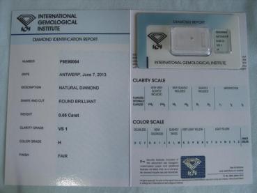 Preview: Diamant im Brillantschliff 0.05 ct / VS1 / H / Fair / mit IGI Report