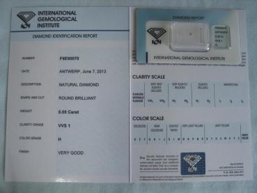 Preview: Diamant im Brillantschliff 0.05 ct / VVS1 / H / Very Good / mit IGI Report