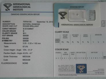 Preview: Diamant im Brillantschliff 0.12 ct/ SI 1/ E/ G/ G/ G/ mit IGI Report