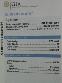Preview: Diamant im Brillantschliff 0.70 ct. "H", I2, None, EX/ EX/ VG, GIA mit GIA Dossier und Lasergravur