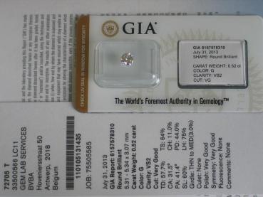 Preview: Diamant im Brillantschliff "G" 0.52 ct / VS2 mit GIA Report, Laser Inscription Registry