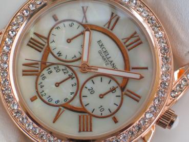 Excellanc Damenuhr mit Band aus Kunstleder und Schmucksteinen, Chronolook